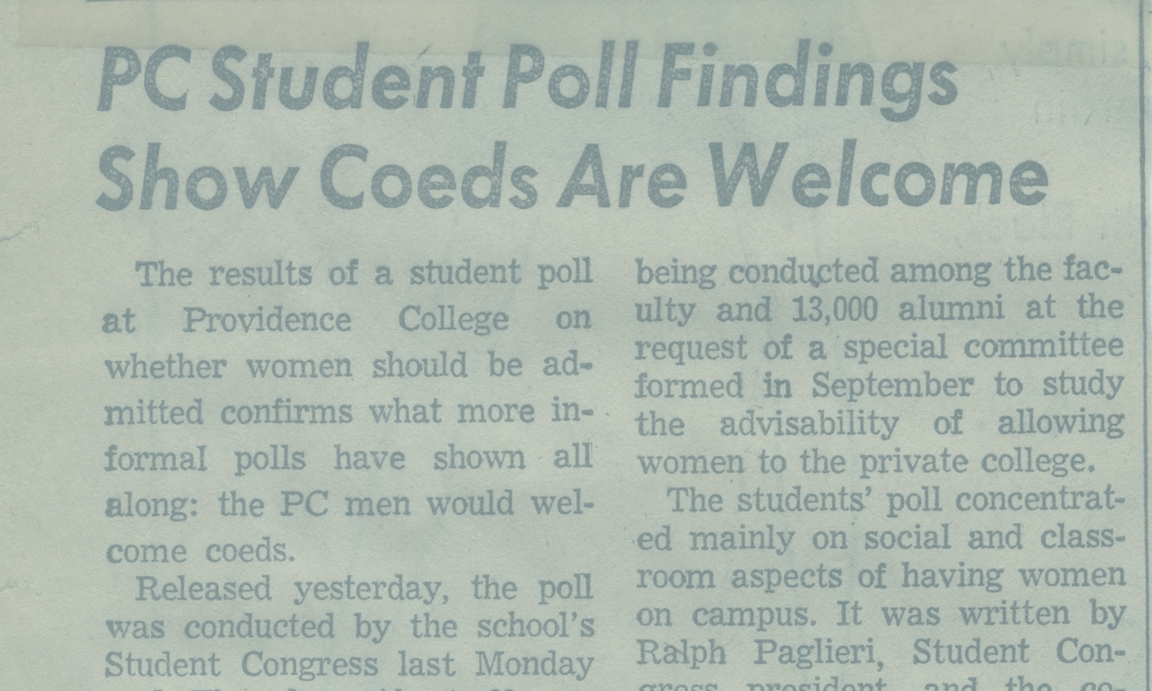 A newspaper clipping titled 'PC Student Poll Findings Show Coeds Are Welcome.'