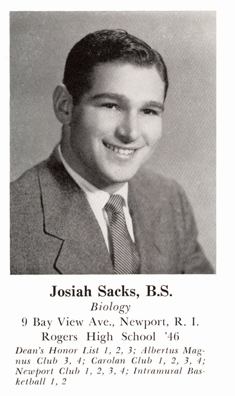 Yearbook photo of Josiah Sacks in a suit and tie, with accompanying text listing academic achievements and club memberships.