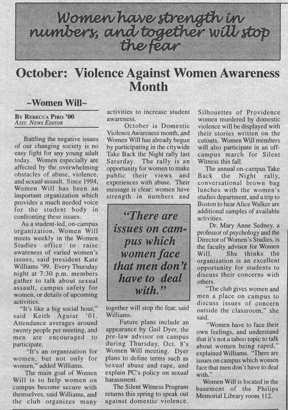 Newspaper article titled "October: Violence Against Women Awareness Month" by Rebecca Piro '00, Assistant News Editor. The article discusses the importance of raising awareness about violence against women and mentions various activities organized by Women Will to increase awareness. It highlights a rally and Take Back the Night event, which includes a march and speak-out session. The article also features quotes from students emphasizing the need for addressing issues faced by women on campus.
