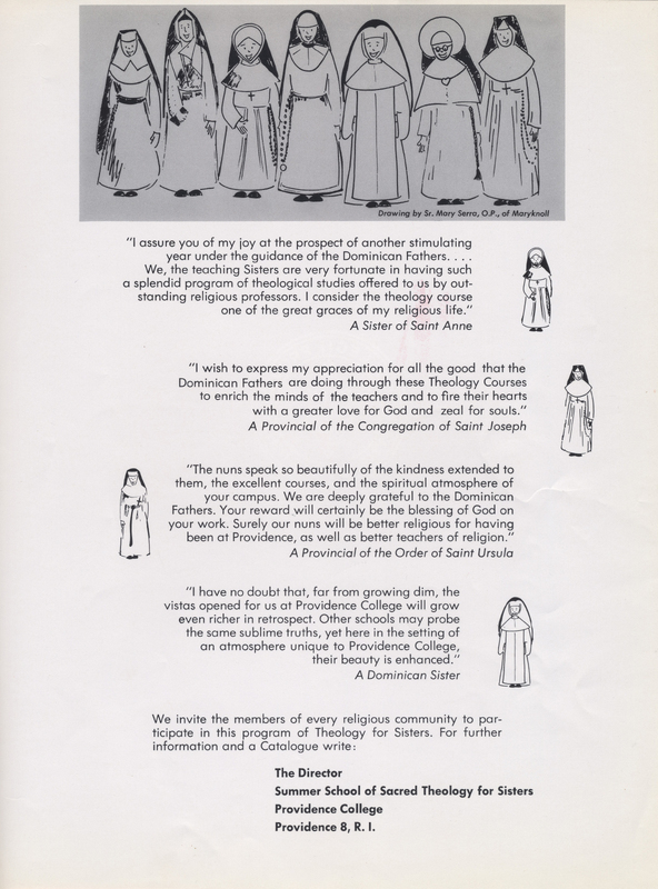 A page titled 'The Sisters Speak' featuring testimonials from various nuns about the Providence College Summer School of Sacred Theology. The page includes illustrations of nuns in different habits and quotes from four different religious sisters, each expressing their appreciation for the program and its impact on their spiritual lives and teaching.