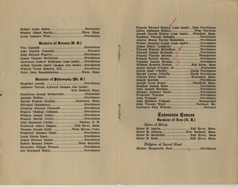Vintage document listing graduates and their degrees, including Bachelor of Science, Bachelor of Philosophy, and Extension Course Bachelor of Arts, with names, locations, and honors such as 'cum laude' and 'magna cum laude.