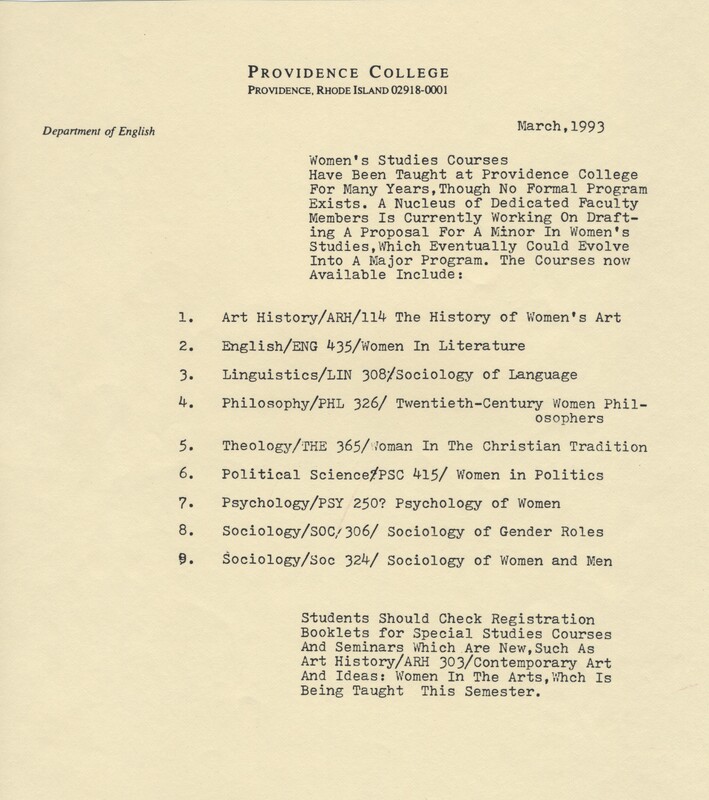 Typed document from Providence College's Department of English, dated March 1993. It outlines the proposal for a Women's Studies minor with course titles and numbers across various subjects such as Art History, English, Linguistics, Philosophy, Theology, Political Science, Psychology, and Sociology