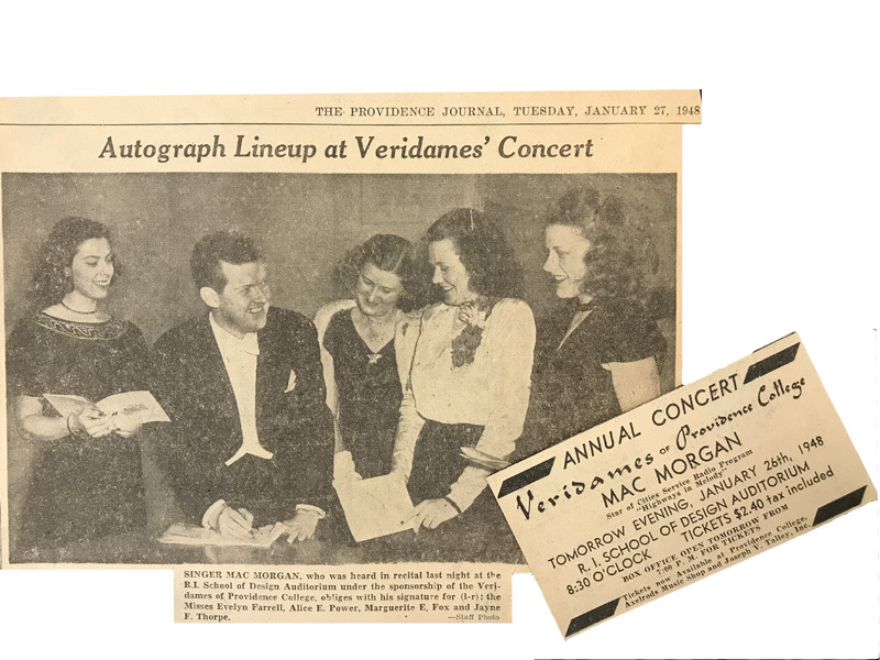 Newspaper clipping from The Providence Journal dated Tuesday, January 27, 1948, shows a group of five people sitting together. The caption reads 'Autograph Lineup at Veridames' Concert.' The individuals are dressed in formal attire and appear to be engaged in conversation or signing autographs. There is also a concert ticket for the 'Annual Concert' featuring Mac Morgan at Veridames' Providence College on January 26th, 1948