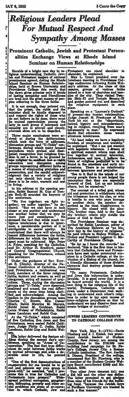Newspaper article from May 6, 1932 titled "Religious Leaders Plead For Mutual Respect And Sympathy Among Masses," reporting on an interfaith seminar at Rhode Island College of Education.