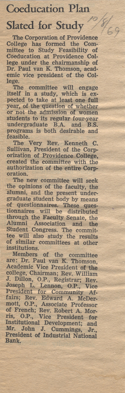Newspaper clipping titled 'Coeducation Plan Slated for Study' from October 16, 1969. The article discusses the formation of a committee by the Corporation of Providence College to study the feasibility of coeducation at the college.