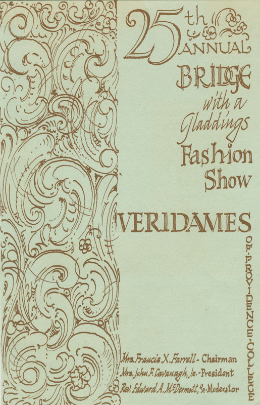 Poster for the '25th Annual Bridge with a Gladdings Fashion Show' presented by the Veridames of Providence College. The left side of the poster features intricate, swirling floral patterns in brown ink on a light green background. The right side contains the event details in elegant, decorative fonts.