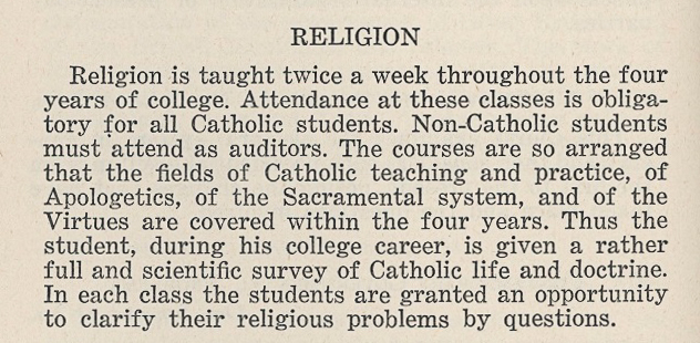Text titled 'RELIGION' describing a college religious education program with mandatory attendance for Catholic students and optional auditing for non-Catholic students.