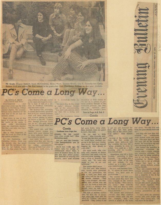 Newspaper clipping from the Evening Bulletin with the headline "PC's Come a Long Way..." The article discusses changes at Providence College, particularly focusing on the inclusion of women. There is a black and white photograph at the top left showing several students sitting together on what appears to be a campus lawn.