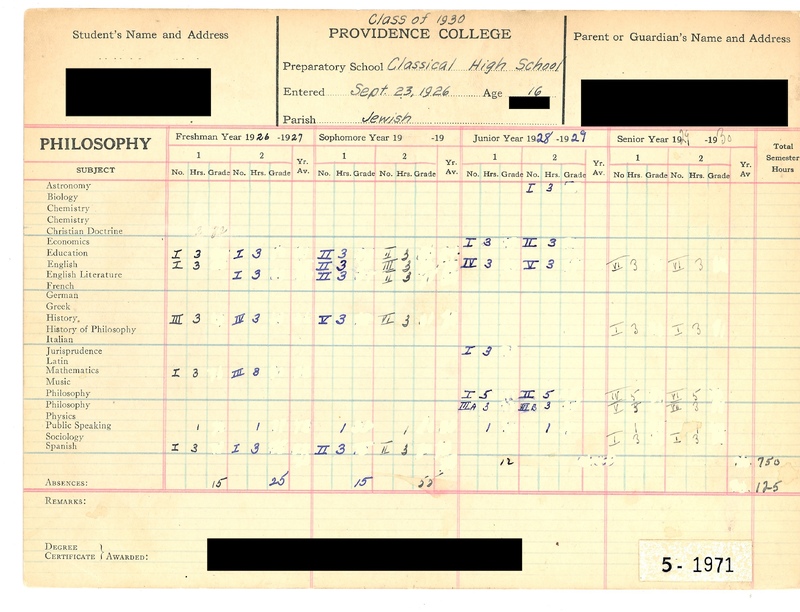 A scanned academic record from Providence College for a student in the Class of 1930, showing grades across four years in subjects like Christian Doctrine and Education, with handwritten entries.
