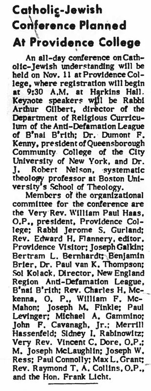 Newspaper clipping titled "Catholic-Jewish Conference Planned At Providence College," announcing a November 11 event with keynote speakers and listing members of the organizational committee.