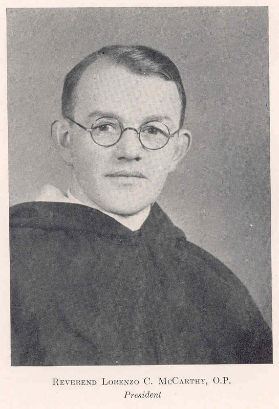 Portrait of Reverend Lorenzo C. McCarthy, O.P., wearing round glasses and a clerical robe.