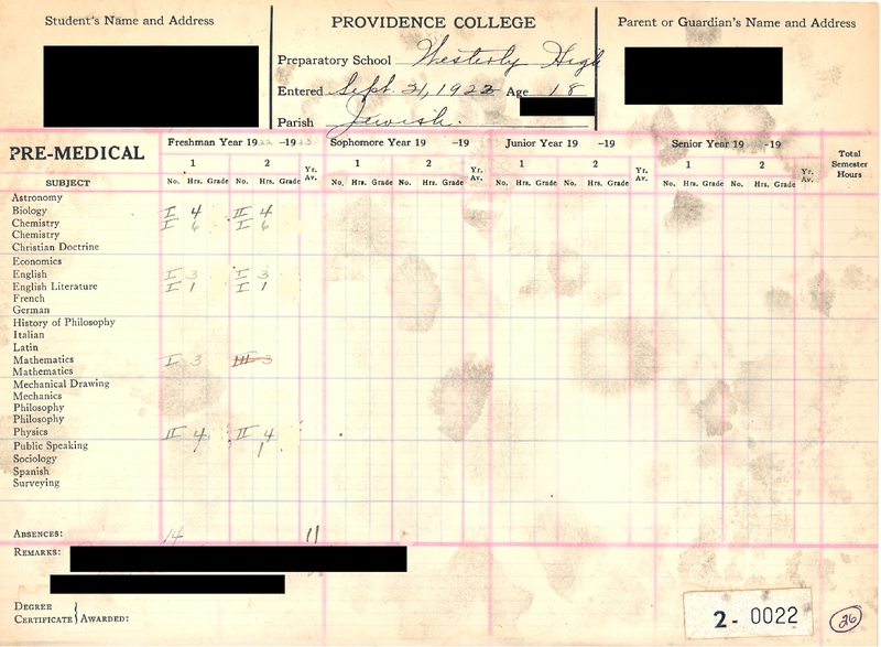 A scanned academic transcript from Providence College's pre-medical program, dated 1928, listing subjects, grades, and student details such as age, preparatory school, and parish.
