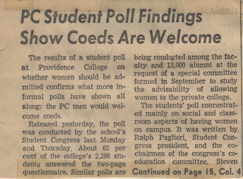 Newspaper clipping with the headline "PC Student Poll Findings Show Coeds Are Welcome." The article discusses the results of a student poll at Providence College on whether women should be admitted with 82.6% of students support admitting women.