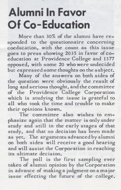 Newspaper clipping with the headline "Alumni In Favor Of Co-Education." The article discusses the results of a questionnaire concerning coeducation at Providence College, showing that more than 30% of alumni responded, with 2035 in favor, 1317 opposed, and many undecided but expressing thoughts on the subject.