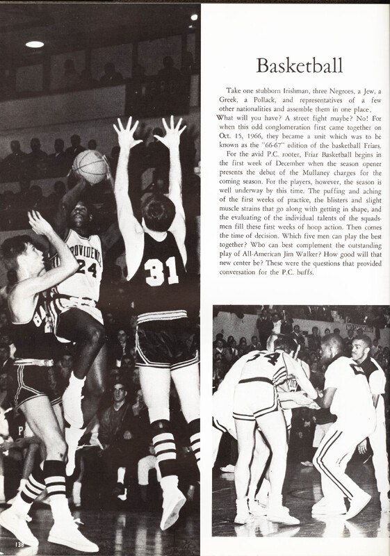 Providence College basketball player wearing jersey number 24 jumping to shoot, defended by two opposing players including one in jersey number 31, with accompanying text discussing the 1966–67 season.