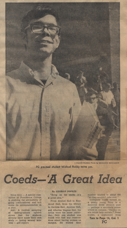 Black and white newspaper clipping featuring a photograph of a student wearing glasses and holding a book. The headline reads 'Coeds - A Great Idea' by George Popkin. The article discusses the presence of female students at Providence College, with the man in the photograph, Michael Ruddy, expressing support for the idea.
