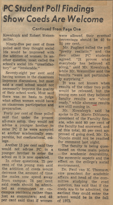 Newspaper clipping titled 'PC Student Poll Findings Show Coeds Are Welcome.' The article continues from page one and discusses the results of a poll conducted among students regarding the addition of women to the school which reveals that 95% of students support coeducation.
