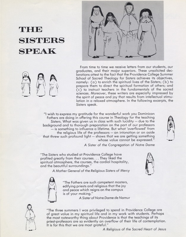A page titled 'The Sisters Speak' featuring testimonials from various nuns about the Providence College Summer School of Sacred Theology. The page includes illustrations of nuns in different habits and quotes from four different religious sisters, each expressing their appreciation for the program and its impact on their spiritual lives and teaching.