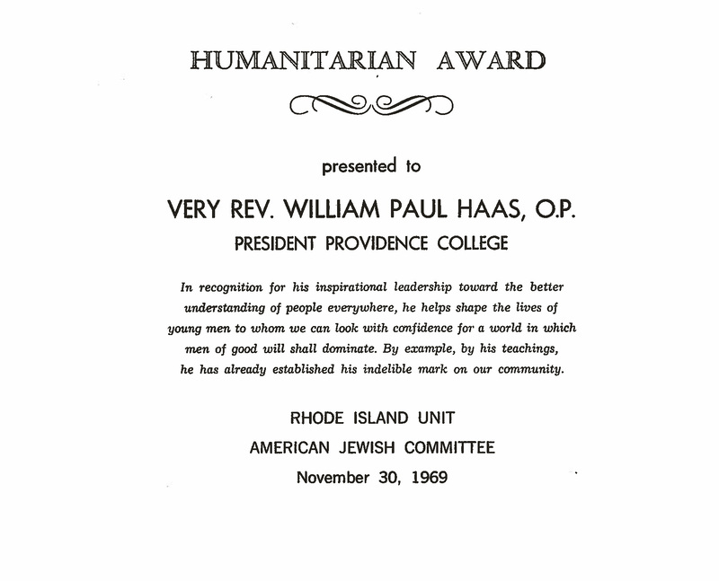Certificate titled 'Humanitarian Award' presented to Very Rev. William Paul Haas, O.P., President of Providence College, by the Rhode Island Unit of the American Jewish Committee on November 30, 1969.