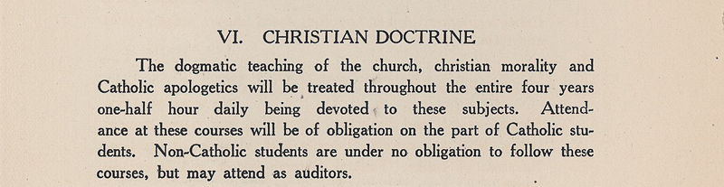 A scanned page from a 1920 academic catalogue detailing Christian Doctrine coursework, including mandatory attendance for Catholic students and optional auditing for non-Catholic students.