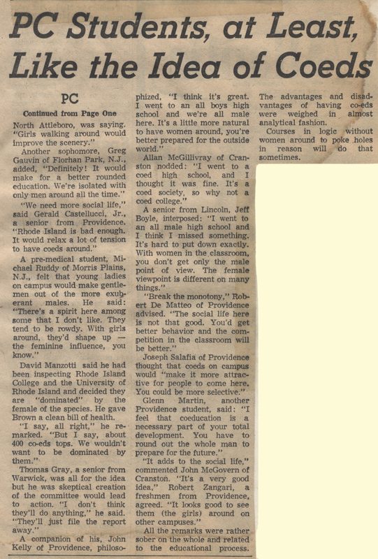 Newspaper article titled "PC Students, at Least, Like the Idea of Coeds" discusses the opinions of Providence College students regarding coeducation. The article includes quotes from various students expressing their views on the matter, highlighting a range of perspectives on the integration of women into the college.
