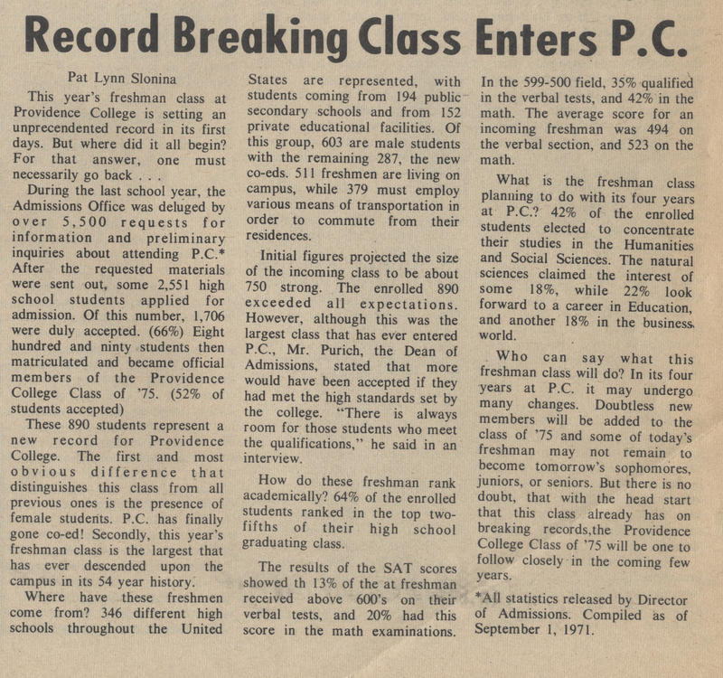 Newspaper article titled "Record Breaking Class Enters P.C." by Pat Lynn Slonina. The article discusses the record-breaking freshman class at Providence College, detailing the number of applications received, accepted, and enrolled students.