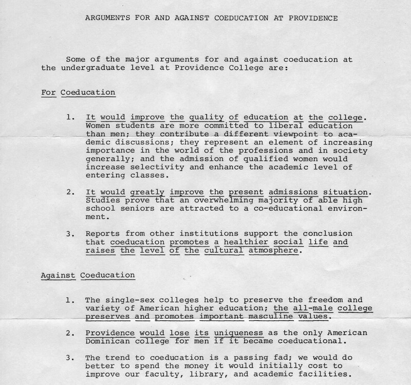 Typed document titled 'ARGUMENTS FOR AND AGAINST COEDUCATION AT PROVIDENCE' lists reasons for and against coeducation at the undergraduate level at Providence College.