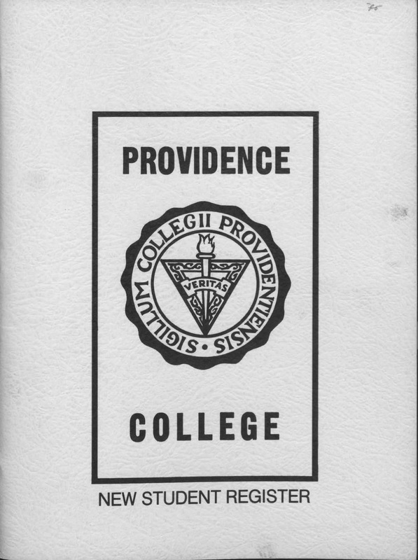 Cover of a 'New Student Register' for Providence College. The cover features the college's seal in the center, which includes a shield with a cross and an open book with the word 'Veritas' written on it. Surrounding the shield are the words 'SIGILLUM COLLEGII PROVIDENTIENSIS.' The title 'PROVIDENCE COLLEGE' is written above and below the seal.