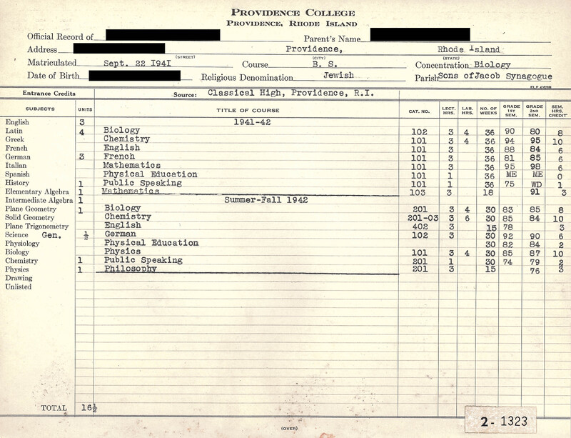 A vintage academic transcript from Providence College (1941–1942), listing a student's Biology-focused coursework and grades.
