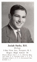 Yearbook photo of Josiah Sacks in a suit and tie, with accompanying text listing academic achievements and club memberships.