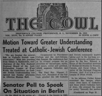 Front page of the November 20, 1963 issue of "The Cowl" from Providence College, featuring articles on a Catholic-Jewish conference promoting interfaith understanding and an upcoming speech by Senator Pell on the Berlin situation.