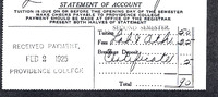 Image of a 1925 Providence College tuition bill showing charges for tuition, fees, and a breakage deposit, totaling $90, with payment instructions and a receipt stamp dated February 2, 1925.