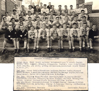 The 1938 Providence College varsity football team, showing players and coaches in uniform arranged in rows, with names listed in a caption including Irving Katznelson and Captain Owen J. Calihan.