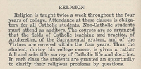Text titled 'RELIGION' describing a college religious education program with mandatory attendance for Catholic students and optional auditing for non-Catholic students.