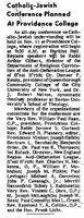 Newspaper clipping titled "Catholic-Jewish Conference Planned At Providence College," announcing a November 11 event with keynote speakers and listing members of the organizational committee.