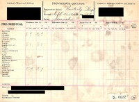 A scanned academic transcript from Providence College's pre-medical program, dated 1928, listing subjects, grades, and student details such as age, preparatory school, and parish.