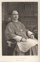 Portrait of Bishop Matthew Harkins from 1889, seated in clerical attire with a pectoral cross, set against a backdrop of bookshelves.