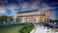 Rendering of modern multi-story building with glass, brick, and stone exterior, surrounded by trees and lawn, with people sitting on benches along a wide staircase under a partly cloudy sunset sky.