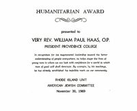 Certificate titled 'Humanitarian Award' presented to Very Rev. William Paul Haas, O.P., President of Providence College, by the Rhode Island Unit of the American Jewish Committee on November 30, 1969.