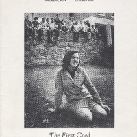 Cover of the Providence Magazine showing a woman sitting on grass outside with several men sitting on a stone wall in the background. The top reads 'Providence Volume VI, No. 4 October 1970' and the bottom reads 'The first coed.'