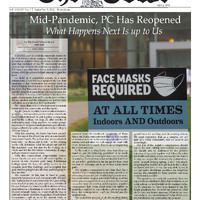 Front page of The Cowl newspaper from September 3, 2020, with the headline 'Mid-Pandemic, PC Has Reopened' and a large sign stating 'Face Masks Required at All Times Indoors and Outdoors' during the COVID-19 pandemic.