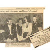 Newspaper clipping from The Providence Journal dated Tuesday, January 27, 1948, shows a group of five people sitting together. The caption reads 'Autograph Lineup at Veridames' Concert.' The individuals are dressed in formal attire and appear to be engaged in conversation or signing autographs. There is also a concert ticket for the 'Annual Concert' featuring Mac Morgan at Veridames' Providence College on January 26th, 1948