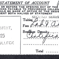 Image of a 1925 Providence College tuition bill showing charges for tuition, fees, and a breakage deposit, totaling $90, with payment instructions and a receipt stamp dated February 2, 1925.