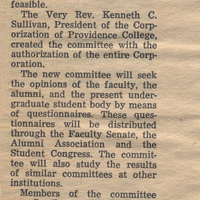 Newspaper clipping titled 'Coeducation Plan Slated for Study' from October 16, 1969. The article discusses the formation of a committee by the Corporation of Providence College to study the feasibility of coeducation at the college.