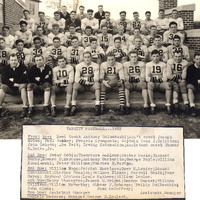 The 1938 Providence College varsity football team, showing players and coaches in uniform arranged in rows, with names listed in a caption including Irving Katznelson and Captain Owen J. Calihan.