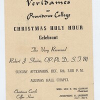 Flyer for the 'Veridames of Providence College Christmas Holy Hour.' The celebrant is The Very Reverend Robert J. Slavin, O.P., Ph.D., S.T.M. The event was scheduled for Sunday afternoon, December 6th at 3:00 PM in Aquinas Hall Chapel.