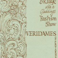 Poster for the '25th Annual Bridge with a Gladdings Fashion Show' presented by the Veridames of Providence College. The left side of the poster features intricate, swirling floral patterns in brown ink on a light green background. The right side contains the event details in elegant, decorative fonts.