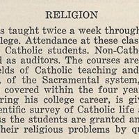 Text titled 'RELIGION' describing a college religious education program with mandatory attendance for Catholic students and optional auditing for non-Catholic students.