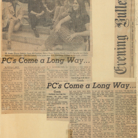 Newspaper clipping from the Evening Bulletin with the headline "PC's Come a Long Way..." The article discusses changes at Providence College, particularly focusing on the inclusion of women. There is a black and white photograph at the top left showing several students sitting together on what appears to be a campus lawn.