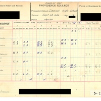 A scanned academic record from Providence College for a student in the Class of 1930, showing grades across four years in subjects like Christian Doctrine and Education, with handwritten entries.